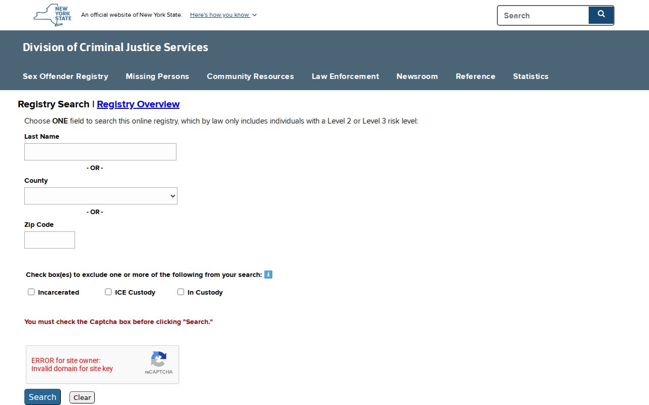 Chemung County sex offender registry name, county, and ZIP search fields